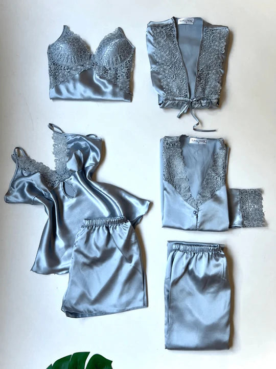 6 Piece Gray Turkish Satin Nighty Set