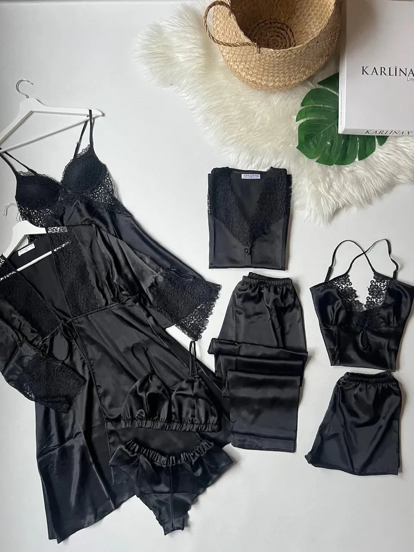 8 Piece Black Turkish Satin Nighty Set