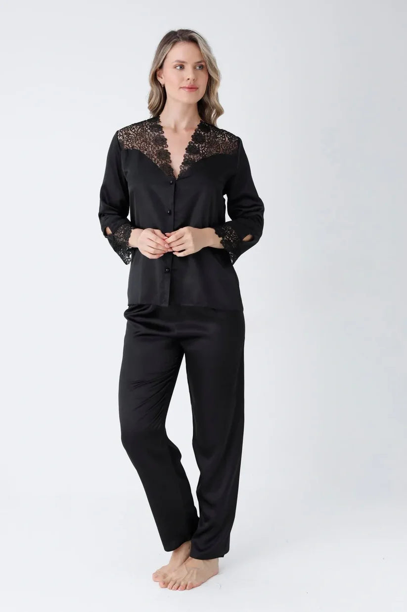 8 Piece Black Turkish Satin Nighty Set