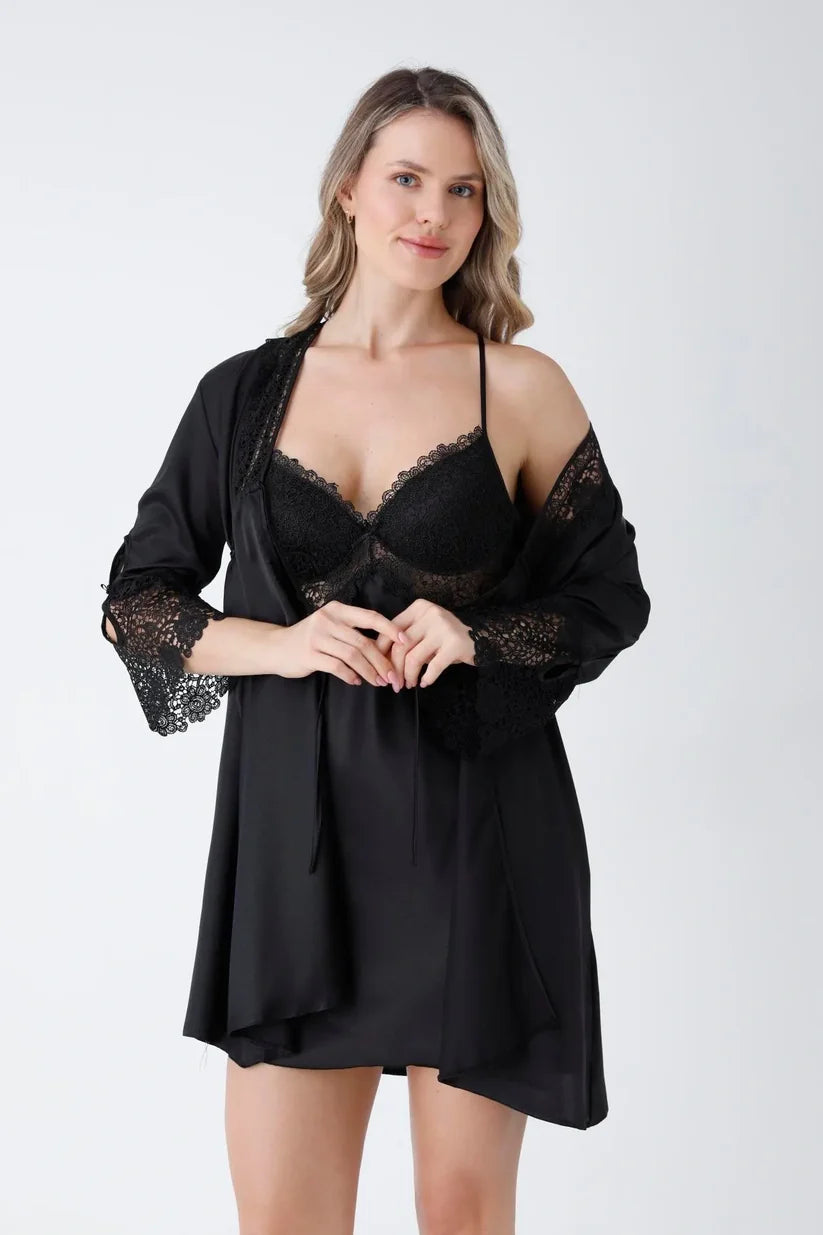 8 Piece Black Turkish Satin Nighty Set