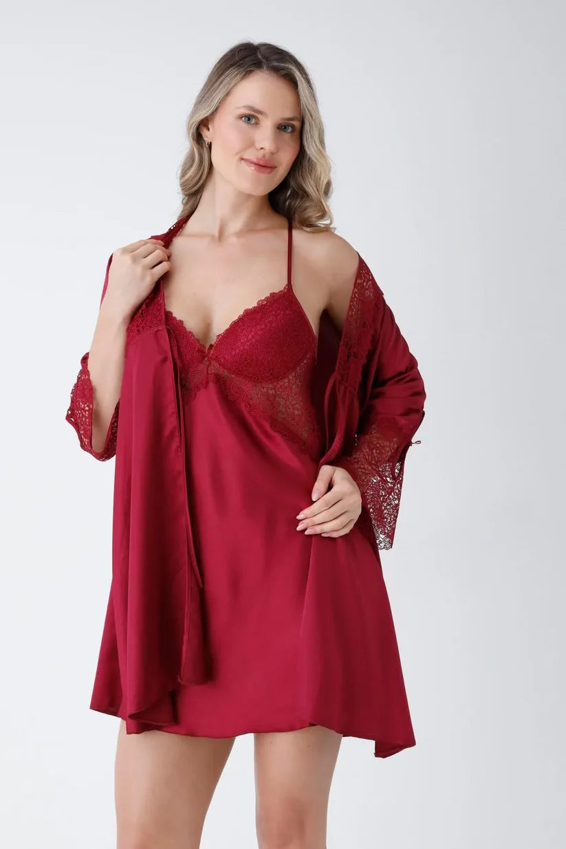 8 Piece Mahroon Turkish Satin Nighty Set