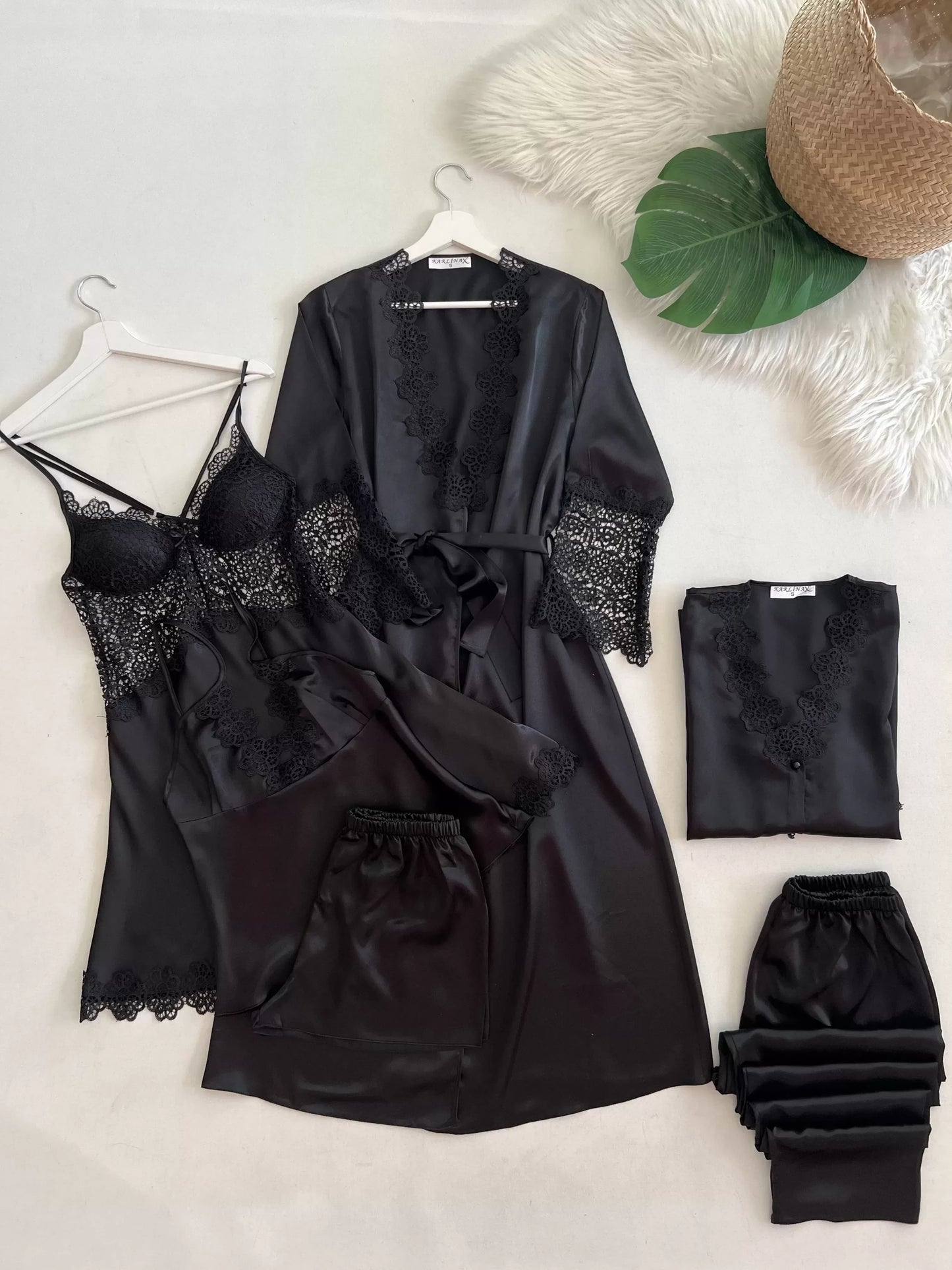 6 Piece Black Turkish Satin Nighty Set