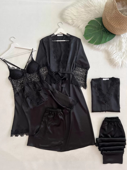 6 Piece Black Turkish Satin Nighty Set