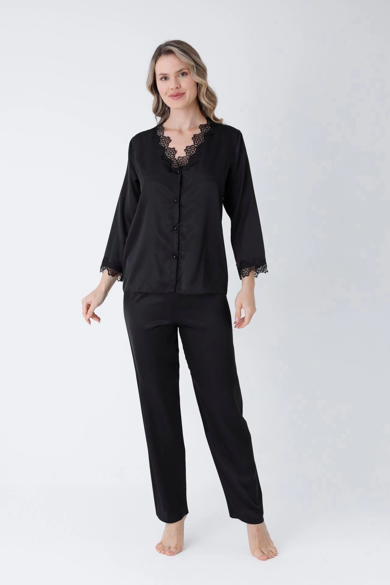 6 Piece Black Turkish Satin Nighty Set