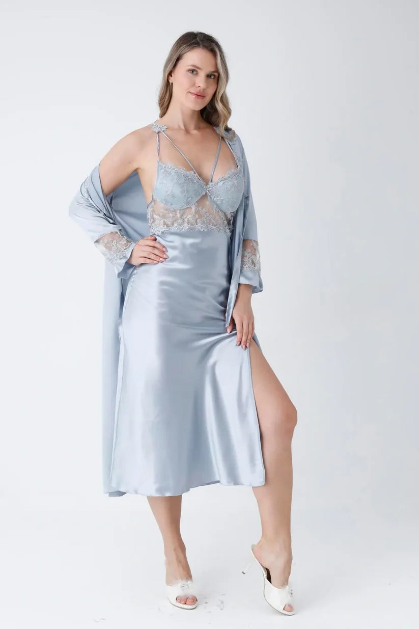 8 Piece Gray Turkish Satin Nighty Set