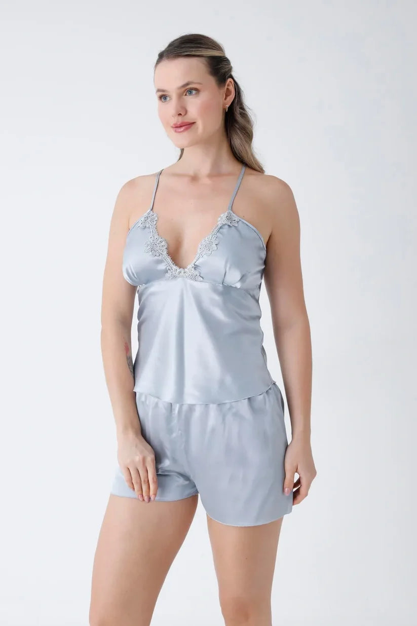 8 Piece Gray Turkish Satin Nighty Set